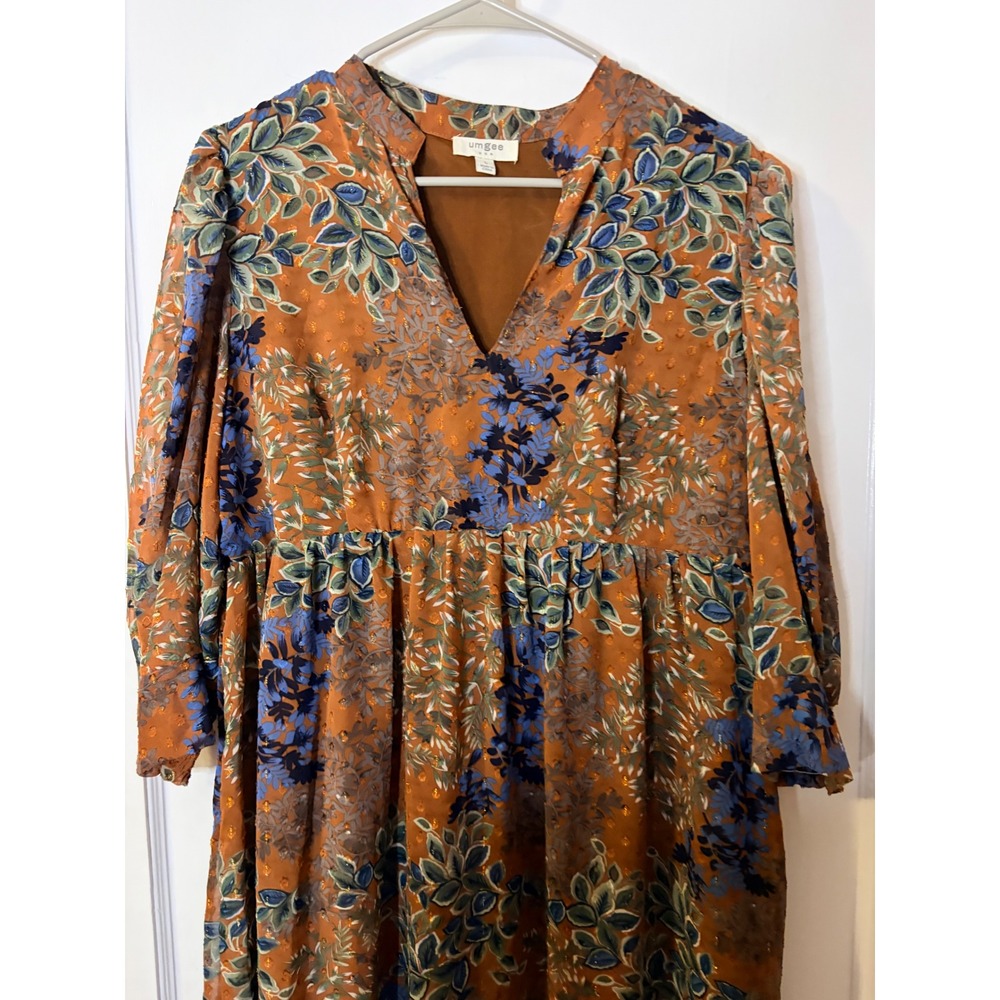 Umgee USA Floral Clip Dot Maxi Dress Rust Orange Metallic Tiered Boho L
